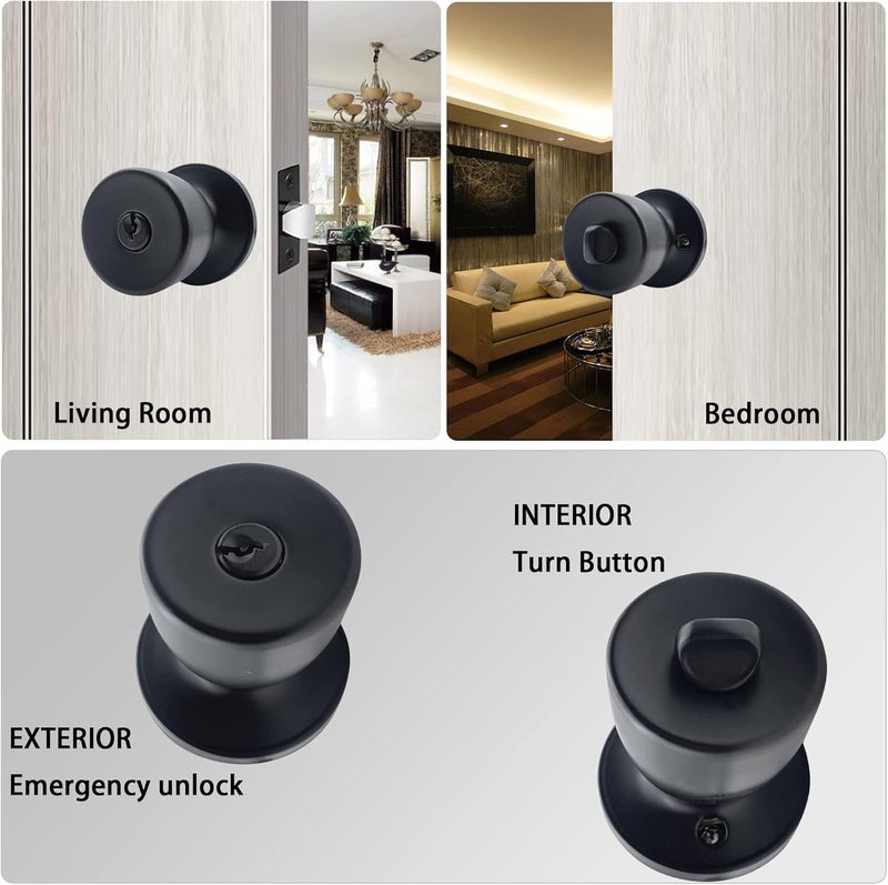 DSJJBLL 3 Pack Matte Black Round Ball Door Knob with Different Keys Passage Door Privacy Locking Interior/Exterior Door Knob/Berlin Series Lock for Room Door - Image 2